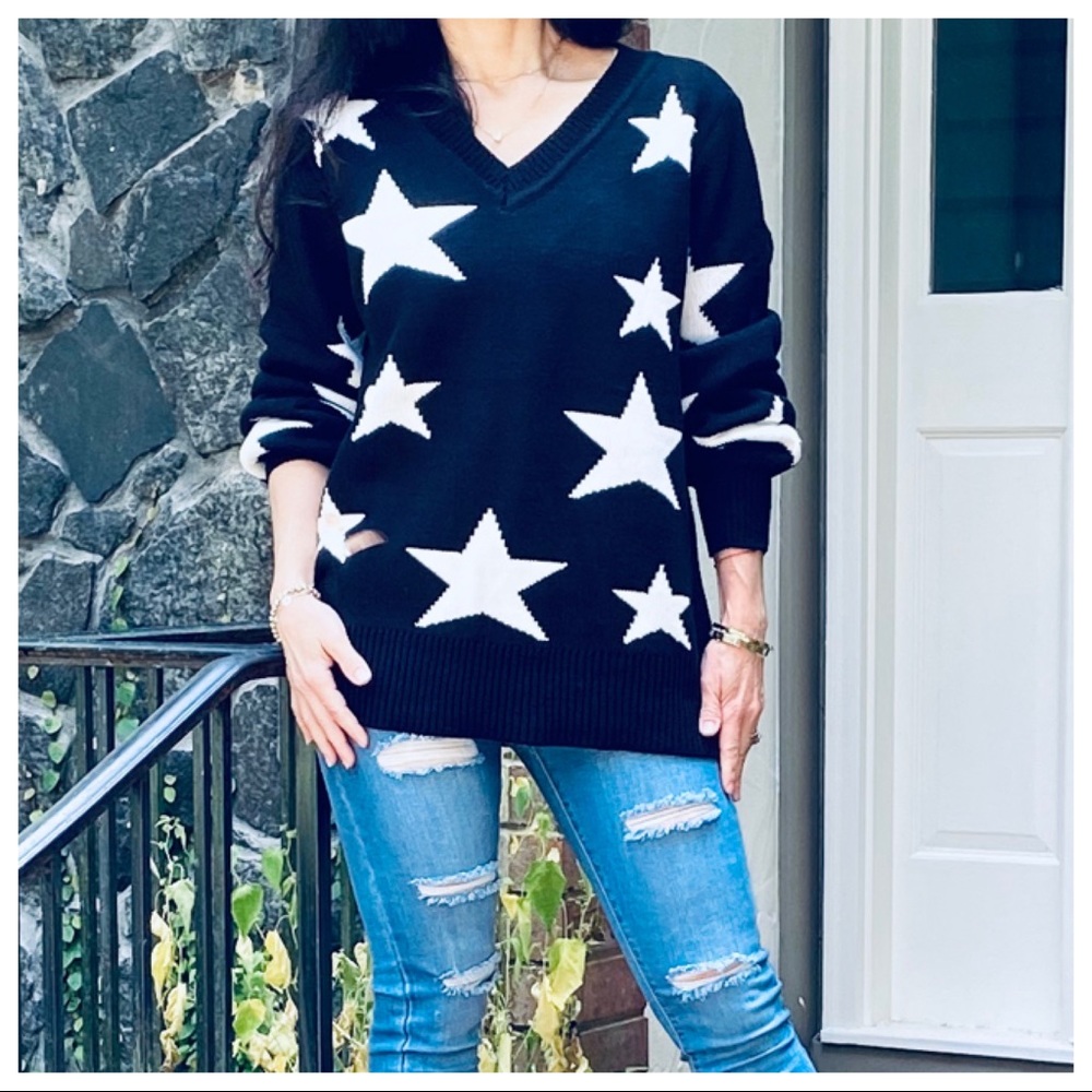 FALL MUST HAVE BLACK V NECK STAR SWEATER - Picture 11 of 15